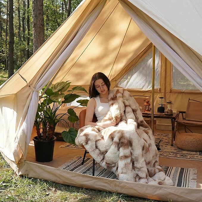 Luxury Double-Sided Faux Fur Throw Blanket for Couch, Camel Cozy Fluffy Bubble Blanket for Airplane RV Car Road Trip Spring Camping Travel Office Nap Home Bed, Machine Washable, 50" x 60"