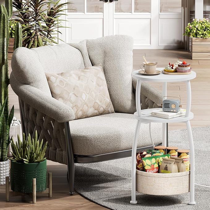Round Side Table, 3-Tier End Table with Power Outlets, Small Table with Storage Basket, Coffee Table Sofa Side Table for Small Spaces, Nightstand for Living Room Bedroom 11.81in Matte White