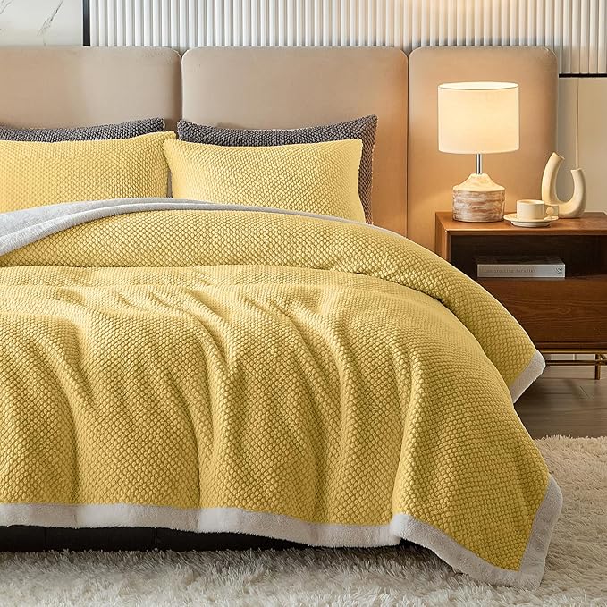 Luxury Flannel Fleece Sherpa Blankets Queen Size for Bed, Jacquard Boho 3-Layer Thick and Warm Blanket for Winter, Soft Cozy Fuzzy Plush Velvet Blanket with 2 Pillow Cases, Yellow, 88x88 Inches