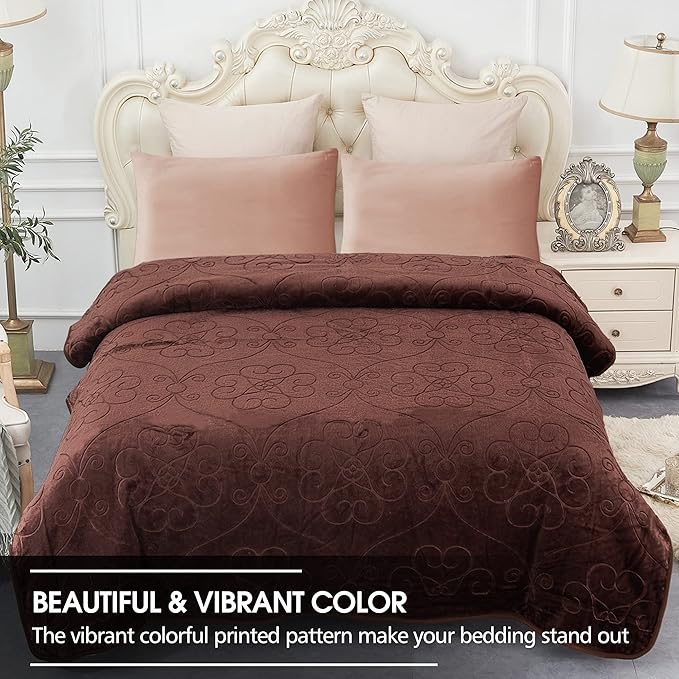 JYK Plush Fleece Blanket - Korean Mink, Queen 75" x 91", Super Soft & Warm, 3.5 LB Lightweight, Solid Color, Cozy Embossed Mink for Bed (Coffee)