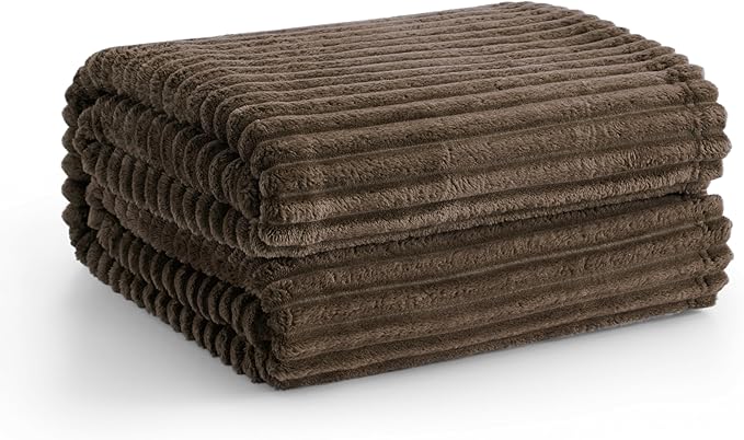Vessia Flannel Fleece Throw Blanket, 300GSM Cozy Brown Stripe Throw for Couch, Sofa and Bed, Warm and Soft Chocolate Microfiber Ribbed Blanket for All Season