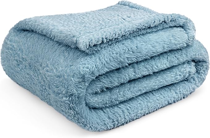 PAVILIA Sherpa Throw Blanket for Couch Sofa, Dusty Slate Blue Fluffy Warm Plush Blanket for Twin Bed, Cozy Super Soft Lightweight Throw, Fuzzy Decorative Blanket, All Season Home, 60x80