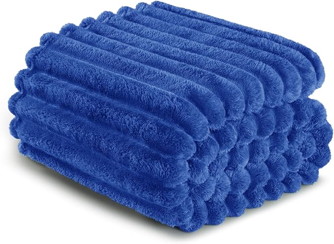 Exclusivo Mezcla King Size Flannel Fleece Blanket, Super Soft Striped Jacquard Bed Blanket, Lightweight Fuzzy Cozy for All Seasons, 90x104 Inches, Cobalt Blue