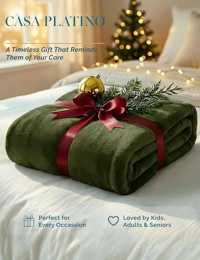 Casa Platino Fleece Blanket Queen Size – 300 GSM Olive Green Fleece Throw for Bed or Couch – Soft Cozy Warm Winter Blanket for Bed, Fuzzy Plush Elegant for Men & Women - 90x90 Inch