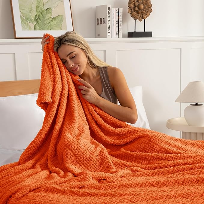 Whale Flotilla Fuzzy Fleece King Size Blanket for Bed, Soft Fluffy Jacquard Waffle Blankets for All Season, Lightweight and Warm, 90x104 Inch, Burnt Orange