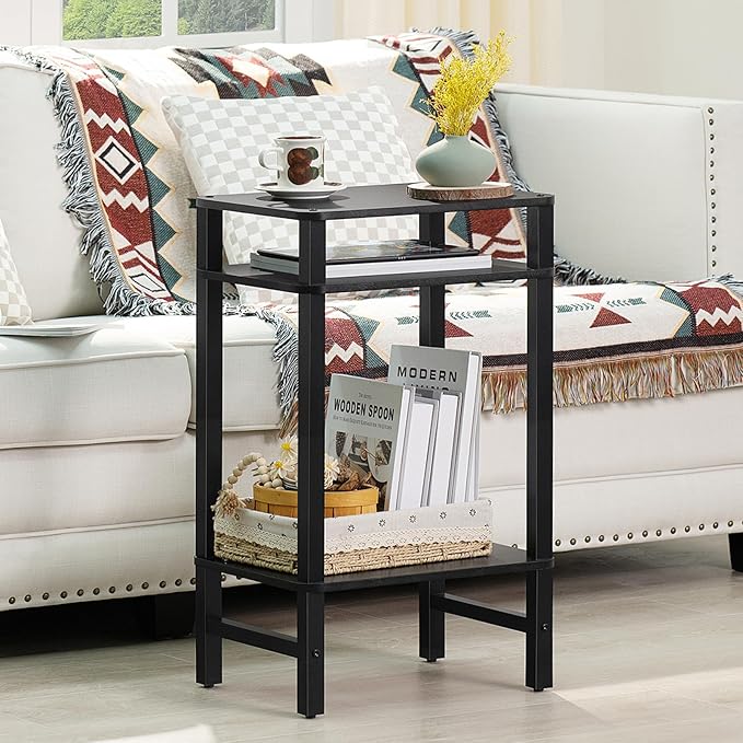 Side Table End Table Tall Night Stand 3-Tier 2 Pack for Living Room Bedroom Bathroom Office Furniture Black