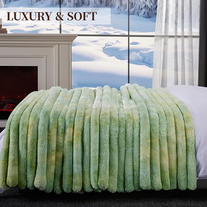 Fluffy Faux Fur Throw Blanket, Thick 1000GSM Soft Cozy Throw Blankets for Bed, Luxury Plush Striped Warm Fuzzy Blanket for Couch LivingRoom Home Decor & Gifts(50" x 70",Tie-dye Green)