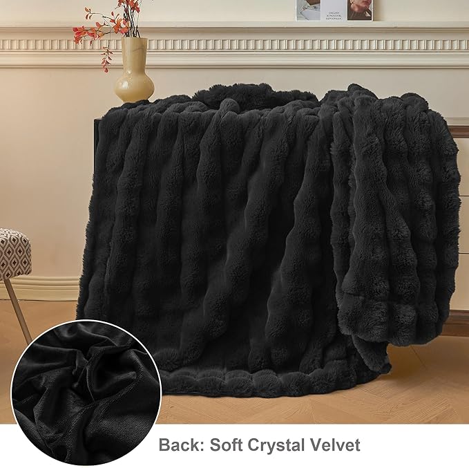 LIFEREVO Luxury Fluffy Faux Rabbit Fur Blanket, Plush Fuzzy Bubble Throw for Couch Sofa, Cozy Comfy Furry Bed Blanket Home Decoration, Aesthetic Shaggy Throw for Bedroom Living Room, 60x90, Black