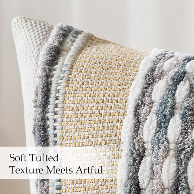 ANRODUO Pack of 2 Boho Decorative Throw Pillow Covers 24x24 Farmhouse Cushion Case Striped Chenille Pillow Cases Square Pillow Covers Accent Neutral Pillowcase for Sofa Couch Bed, Gray Blue Stripe