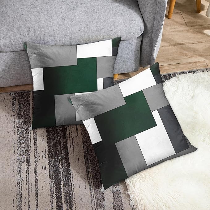 Emvency Set of 2 Dark Green Geometric Throw Pillow Cover Black Grey White Painting Abstract Checkered Design Decorative Pillow Case Modern Home Decor Standard Square 18x18 Inch Cushion Pillowcase
