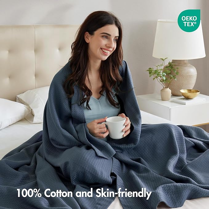 Madison Park 100% Egyptian Cotton Lightweight Summer Blanket, Breathable Waffle Knit Design, Soft Cozy All-Season Throw for Bed, Couch or Sofa, Blue Twin Size (66"x90")