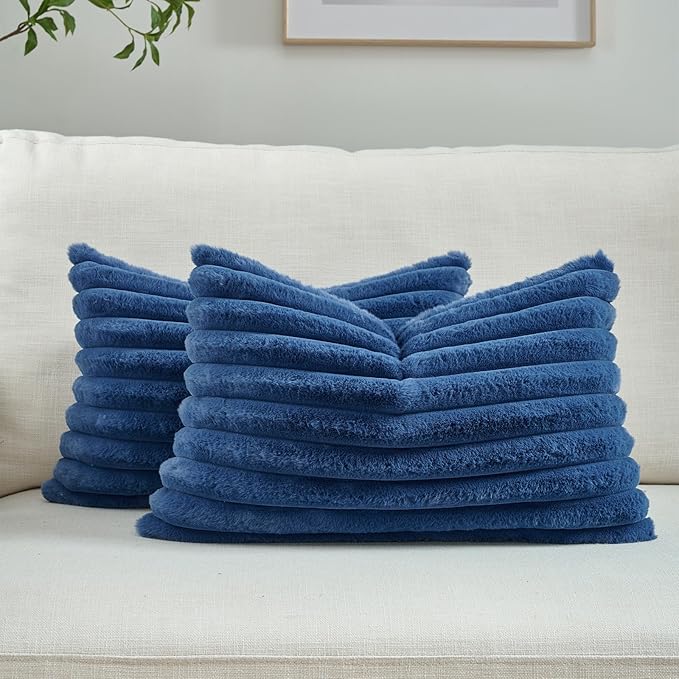 FUTEI Navy Blue Decorative Throw Pillow Covers Set of 2, 12x20 Inch Soft Fluffy Faux Fur Plush Striped Lumbar Pillowcases, Modern Home Decor for Couch Bed Living Room
