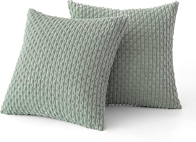 MIULEE Pack of 2 Decorative Throw Pillow Covers 18x18 Inch Soft Boho Striped Textured Corduroy Pillow Covers Modern Farmhouse Home Decor for Couch Bed Sofa Living Room Greyish Green