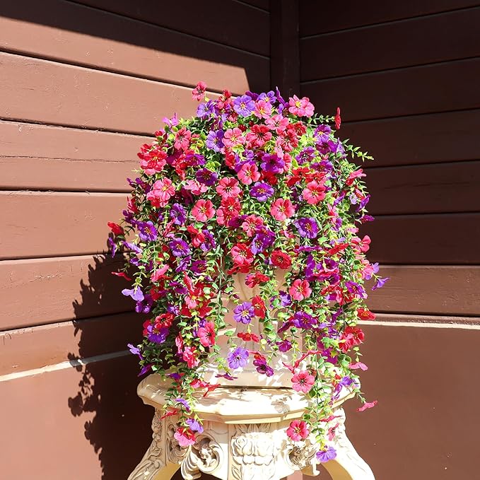 Artificial Flowers for Outdoors Spring Decor, 6 Bundles UV Resistant Realistic Fuax Silk Hanging Flowers, Fake Plants for Planter Indoor Outside Garden Porch Patio Balcony Yard(Fuchsia Purple)