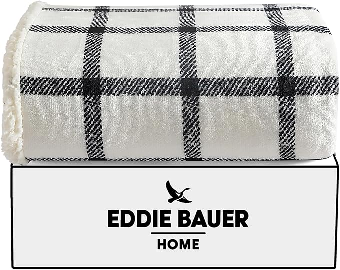 Eddie Bauer - Throw Blanket, Brushed Fleece & Plush Sherpa Bedding, Blanket for Couch & Bed (Bunkhouse Plaid Beige, 50" x 60")