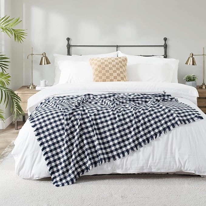 100% Cotton Throw Blanket Plaid Soft Lightweight Cozy Farmhouse Tassels Summer Thin Breathable Throws for Couch Sofa Bed (50" × 60" Navy Blue)