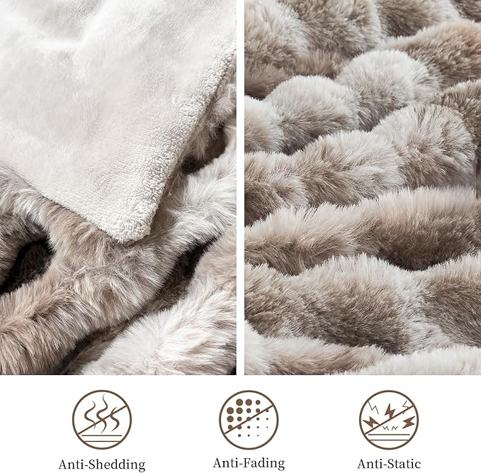 Faux Rabbit Fur Throw Blanket for Couch, Fluffy Warm Plush Thick Bubble Blanket for Bed Sofa Living Room, Soft Cozy Furry Blanket, 50x60 inches, Tie-dye Brown