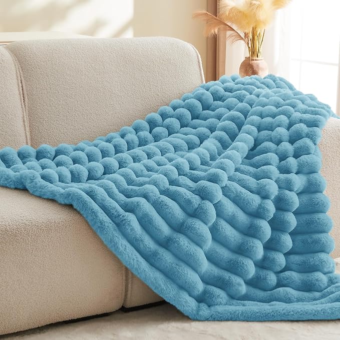 BEDELITE Faux Rabbit Fur Blanket, Luxurious 3D Striped Spring Blanket for Decor & Gift, Soft and Warm Plush Fluffy Faux Fur Throw Blanket All Seasons Suitable, (Light Blue, 60"x 80")