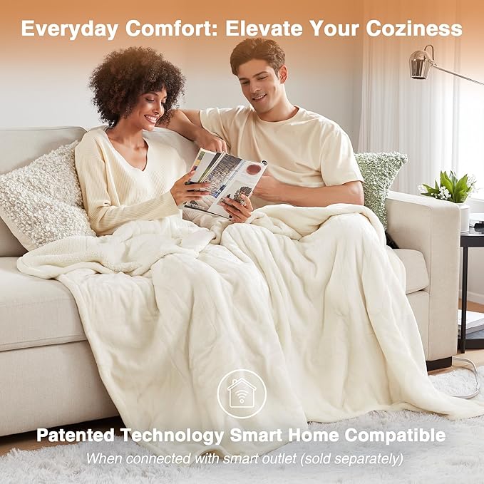 Beautyrest Heated Blanket, Electric Blanket, Soft, Warm, Reversible Plush - Sherpa Heating Blanket with 20 Heat Settings, 1-10 hrs Timer Auto Shut Off, Machine Washable, Queen (90 inx84 in), Ivory