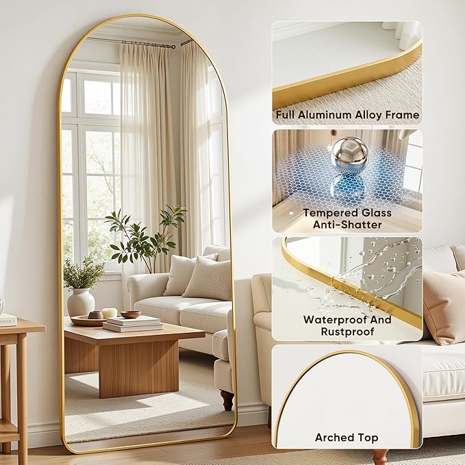 Antok Full Length Mirror, 58"x18" Floor Mirror with Stand, Hanging Mounted Mirrors for Bedroom, Living Room, Cloakroom, Dining Room, Gold, Arch