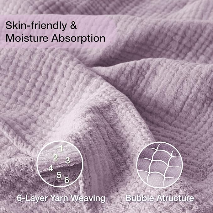 100% Cotton Muslin Blanket Twin XL 66" x 90", Breathable and Cooling Bed Blankets, Soft Boho Coverlet Bedspread, Gauze Bedding for Adults All Season, Purple, Lavender