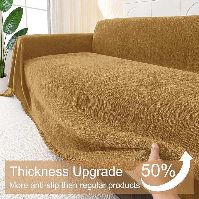 Smiry Couch Cover for Dogs, Washable Chenille Sofa Covers for 3 Cushion Couch, Soft Sofa Slipcover for Pets, Thick Sectional Furniture Protector with Tassels (Yellow, 71x102 Inch)