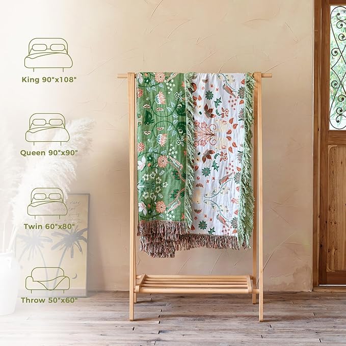 Boho Throw Blanket for Bed 100% Cotton Soft Lightweight Quilt Room Decor Green Spring Bed Blankets,Floral Garden Embroidery Reversible All Season Twin Blankets for Sofa Couch Chair 60"x80"