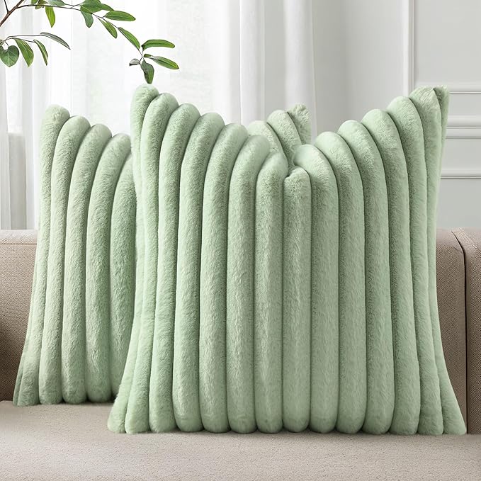 Pallene Faux Fur Plush Spring Throw Pillow Covers 22x22 Set of 2, Luxury Soft Fluffy Striped Decorative Pillow Covers for Sofa, Couch, Living Room, Sage Green
