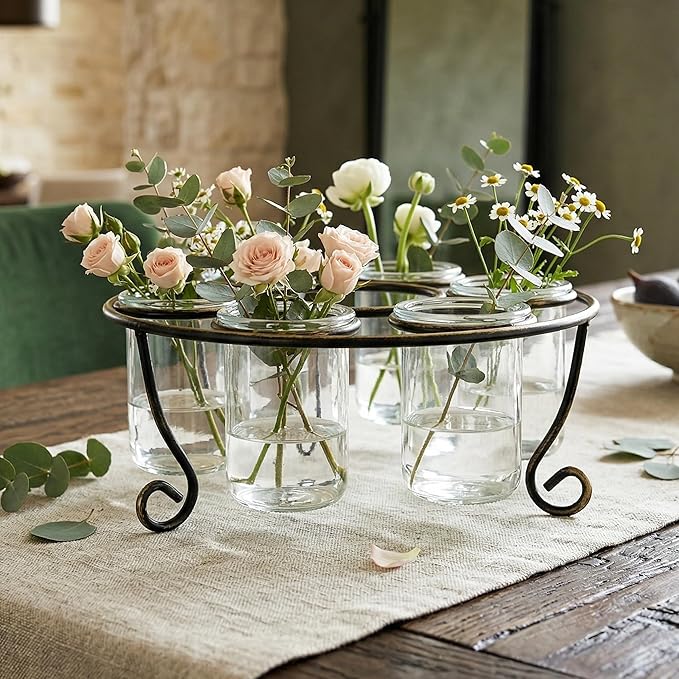 Metal 6-Cup 11.75" Round Floating Candle Holder Table Centerpiece with Large Glass Cups for Weddings, Outdoor Patio, Dining Room, and Coffee Tables, Black with Brushed Gold