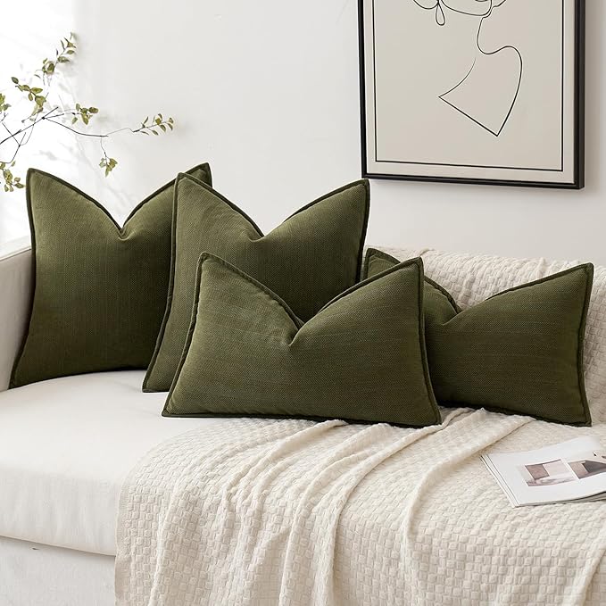 MIULEE Pack of 2 Olive Green Decorative Pillow Covers 24x24 Inch Soft Chenille Luxurious Couch Throw Pillows Boho Cushion Covers Euro Shams with Elegant Design for Sofa Bed Living Room Home Decor