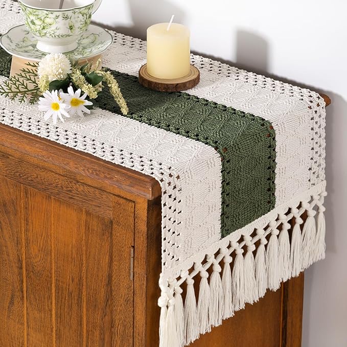 Socomi Boho Table Runner Easter Spring Farmhouse Rustic Dining Kitchen Centerpiece Decor Small Macrame Woven Cotton Linen Coffee Table Runner for Dresser Scarf Home Decor 12x36 inch Olive Green