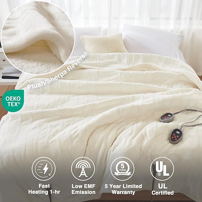 Beautyrest Heated Blanket, Electric Blanket, Soft, Warm, Reversible Plush - Sherpa Heating Blanket with 20 Heat Settings, 1-10 hrs Timer Auto Shut Off, Machine Washable, Queen (90 inx84 in), Ivory