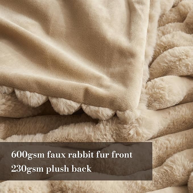 Amélie Home Faux Fur Throw Blanket for Couch, Cozy Fuzzy Fluffy Fur Luxurious Soft Striped Plush Gift Blankets for Family Sofa Chair Bedroom, 55"x70", Beige
