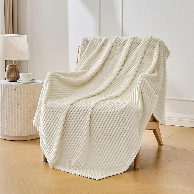 Bnuitland Fleece Throw Blanket for Couch, 300GSM Soft Warm Cozy Fluffy Ivory Throw for Adults & Kids, Stripe Pattern 50"x60", All Season Sofa Bed Blanket for Home Decor