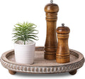 Wooden Coffee Table Tray Decor, Round Decorative Tray Brown Beaded Distressed Rustic Farmhouse Centerpiece for Dining Room Entryway Kitchen Counter Candle Holder Organizer