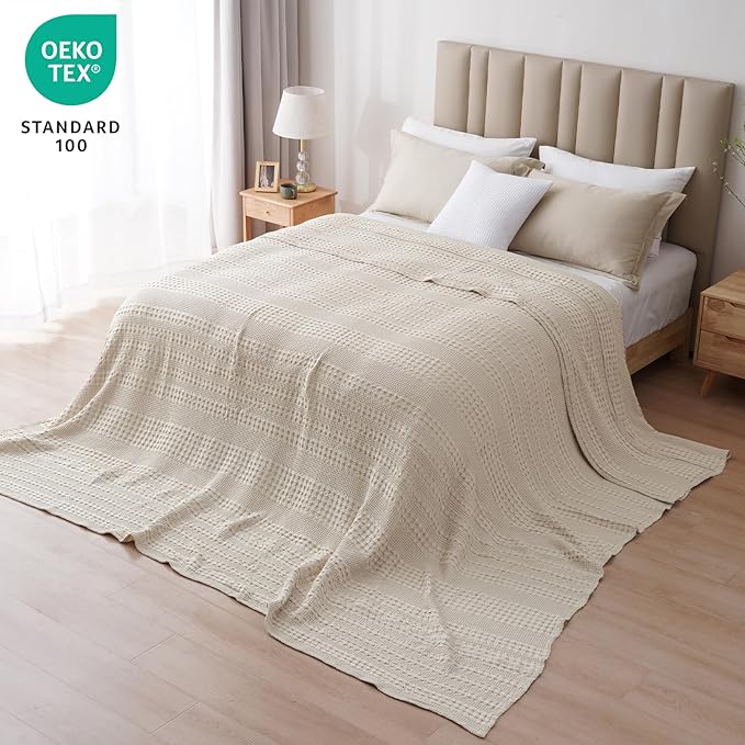 PHF 100% Cotton Waffle Blanket Oversized King 120"x120", Lightweight Breathable Extra Large 10'x10' Blankets for Bed, Giant Big Luxury Aesthetic Woven Bedding for Home Decor, Light Taupe/Oatmeal