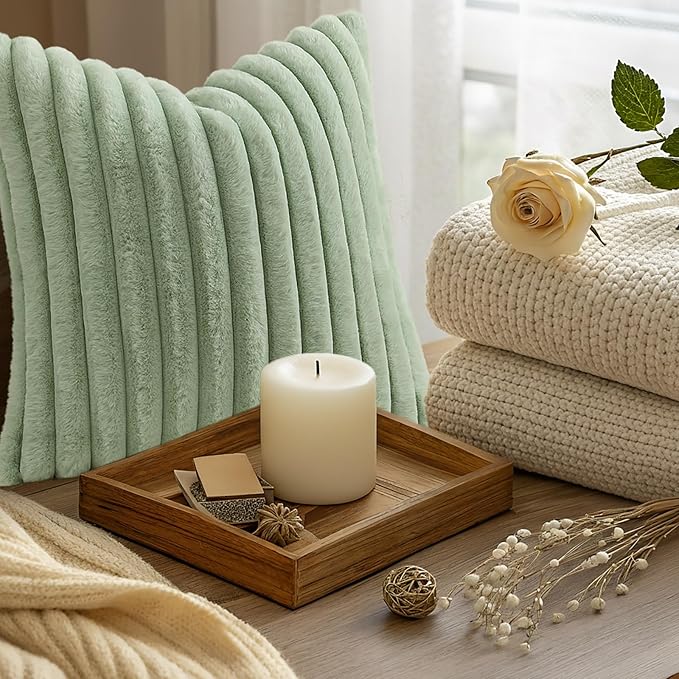decorUhome Summer Cozy Faux Fur Throw Pillow Covers 22x22 Set of 2 Decorative Plush Striped Modern Farmhouse Boho Couch Euro Sham Pillow Cases with Velvet Back for Sofa Bed Living Room, Sage Green