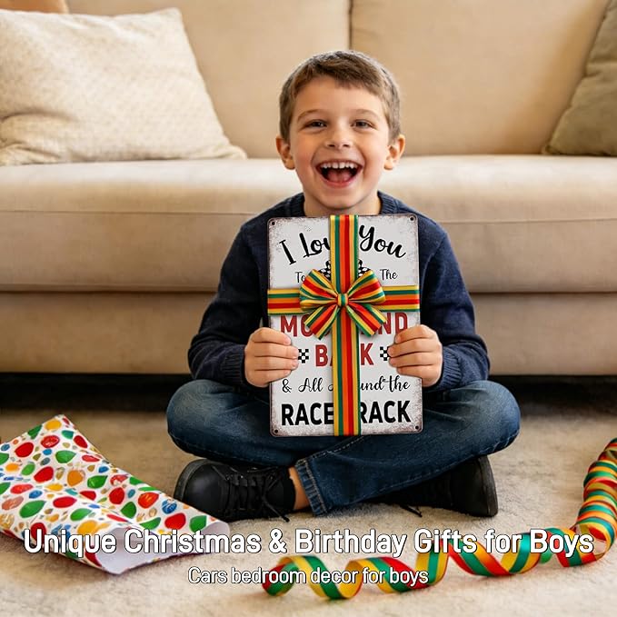 Race Car Room Decor for Boys - "I Love You To The Moon And Back" Vintage Metal Sign 12x8 Inch, Racing Car F1 Wall Art for Kids Room Nursery Garage Man Cave Bedroom