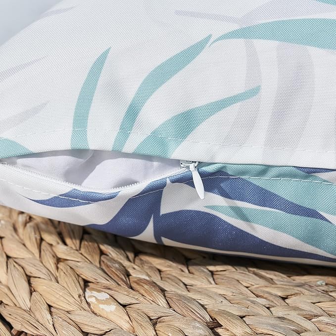 MIULEE Pack of 2 Decorative Outdoor Waterproof Throw Pillow Covers Patio Pillow Cases Natural Leaves Pattern Spring Square Cushion Shams Shell for Garden Balcony Couch 12x20 Inch, Blue