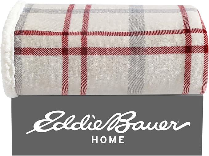 Eddie Bauer - Throw Blanket, Brushed Fleece & Plush Sherpa Bedding, Blanket for Couch & Bed (New Castle Red, 50" x 60")