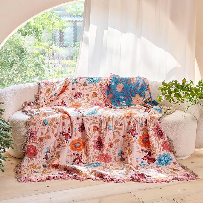 Boho Throw Blanket - 100% Cotton Ultra Soft Muslin Blanket, 50"x60" Lightweight Floral Butterfly Framhouse Bedding Spring Blanket for Bed, All Season Beige Bohemian Bedroom Home Decor Quilt