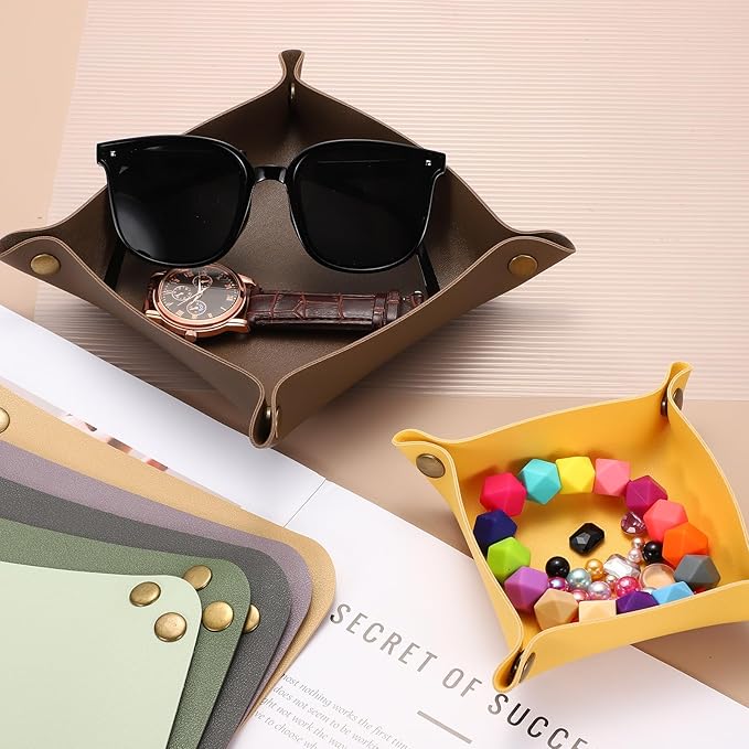 uxcell 2 Pcs Valet Tray for Women and Men, PU Leather Jewelry Tray Entryway Table Bedside Nightstand Catchall Storage Organizer for Jewelry Key Coin Watch Wallet(Square, Beige)