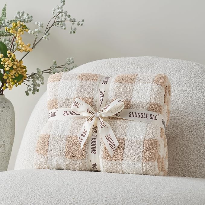 Snuggle Sac Queen Size Checkered Bedding Blanket Beige, Super Soft Warm Cozy Bed Blankets Oversized Fuzzy Plush Blankets for Bed, Bedroom, Plaid Beige, 90x90 inches