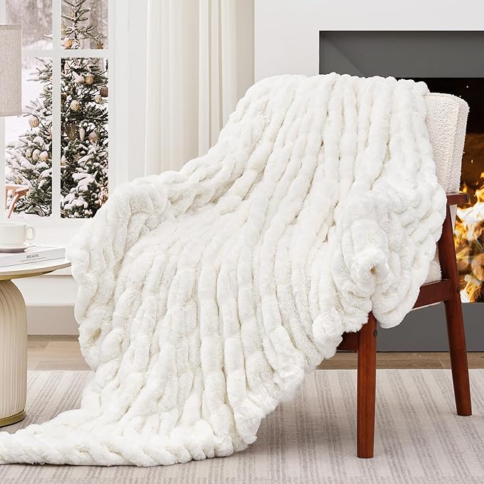Touchat Ruched Faux Rabbit Fur Blanket, 700 GSM Luxury Dual-Sided Soft Cozy Blanket, Fuzzy Fluffy Plush Throw for Bed, Couch and Sofa - 60"x80", Cream White