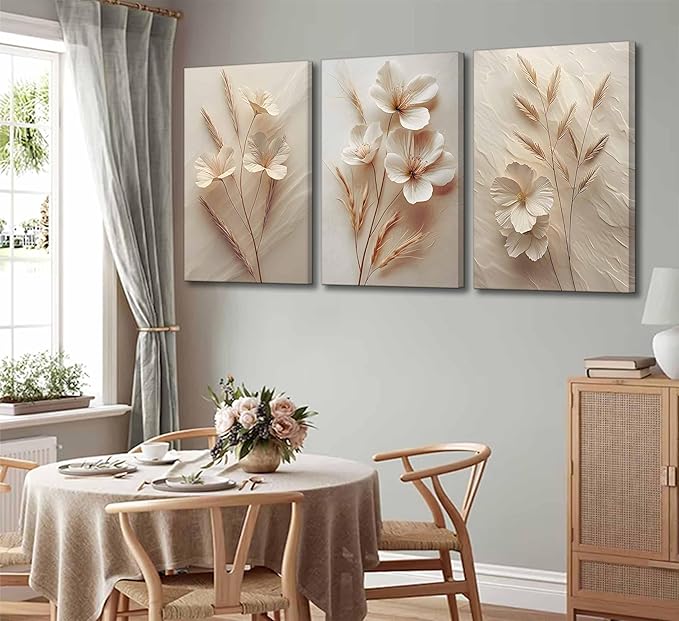 3Pcs Neutral Beige Floral Botanical Canvas Wall Art Modern Simple Texture Flower Plant Painting Picture Wall Decor Vintage Blossom Poster Print Artwork for Living Room Bedroom Bathroom