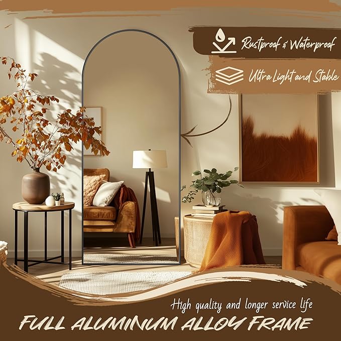 Antok Full Length Floor Mirror Arched Standing Mirror with Aluminum Frame - Freestanding Wall Mount Leaning Body Mirror for Bedroom Living Room Entryway, 64" L x 21" W, Black