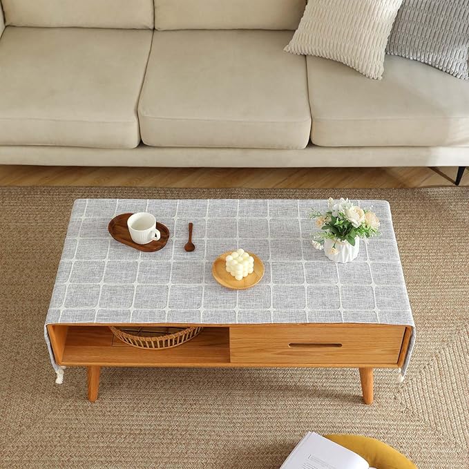 SIELUNO Coffee Table Cover, Rustic Farmhouse Rectangle Table Cloth Cotton Linen Waterproof with Pockets and Tassel for Living Room Decoration - Grey Small Plaids - 28x64 Inch