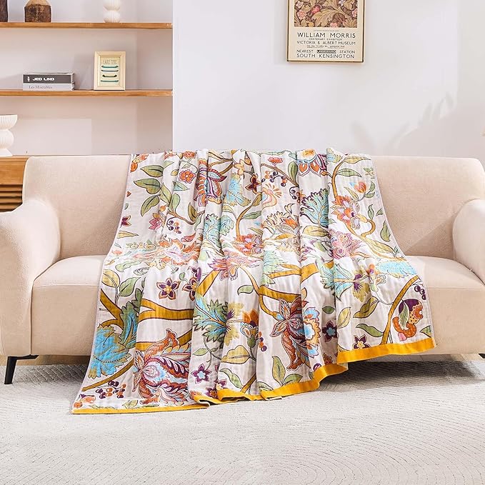 Boho Throw Blanket for Bed, 100% Cotton Soft Rustic Quilt Fall Blanket, 50"x60" Floral Printed Farmhouse Decor Bed Blankets, All Season Rustic Reversible Bohemian Throw Quilt
