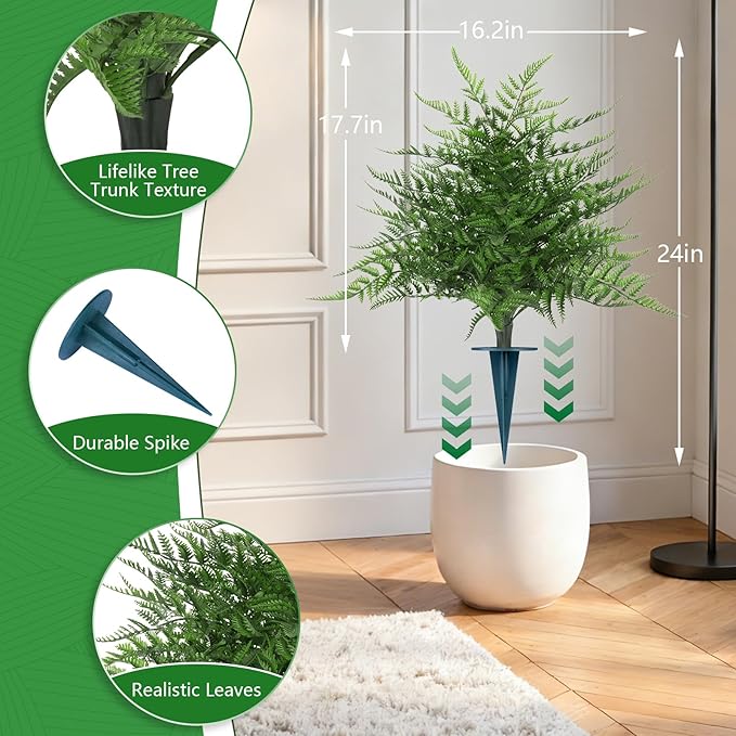 Artificial Fern Topiary Ball with Ground Spike, Set of 2 Realistic Boston Fern Plants Shrub, Fake UV Resistant Evergreen Bushes Tree for Porch Garden Indoor Outdoor Decor