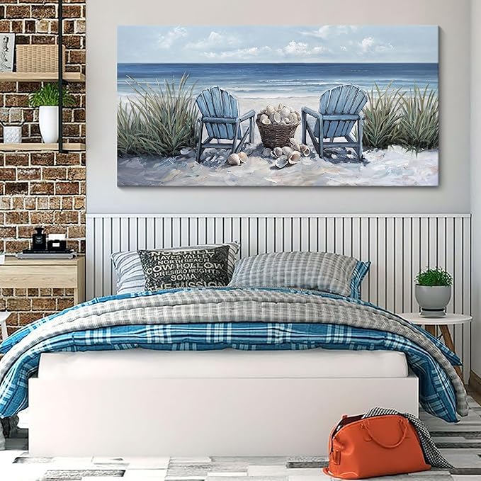 HGUAOA Coastal Wall Art - Large Landscape Wall Paintings for Living Room, Bedroom Pictures, Ocean Beach Artwork, Blue Wall Art, Above Bed Decor, Coastal Landscape Beach Pinting